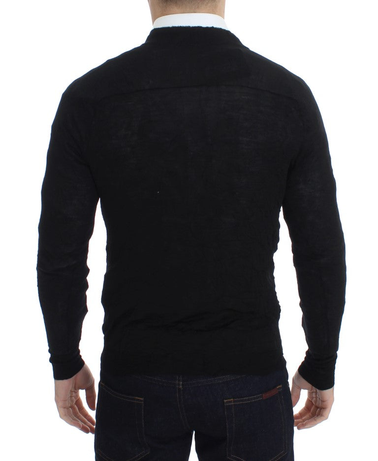 Elegant Black Merino Wool Cardigan - SEHABRANDS