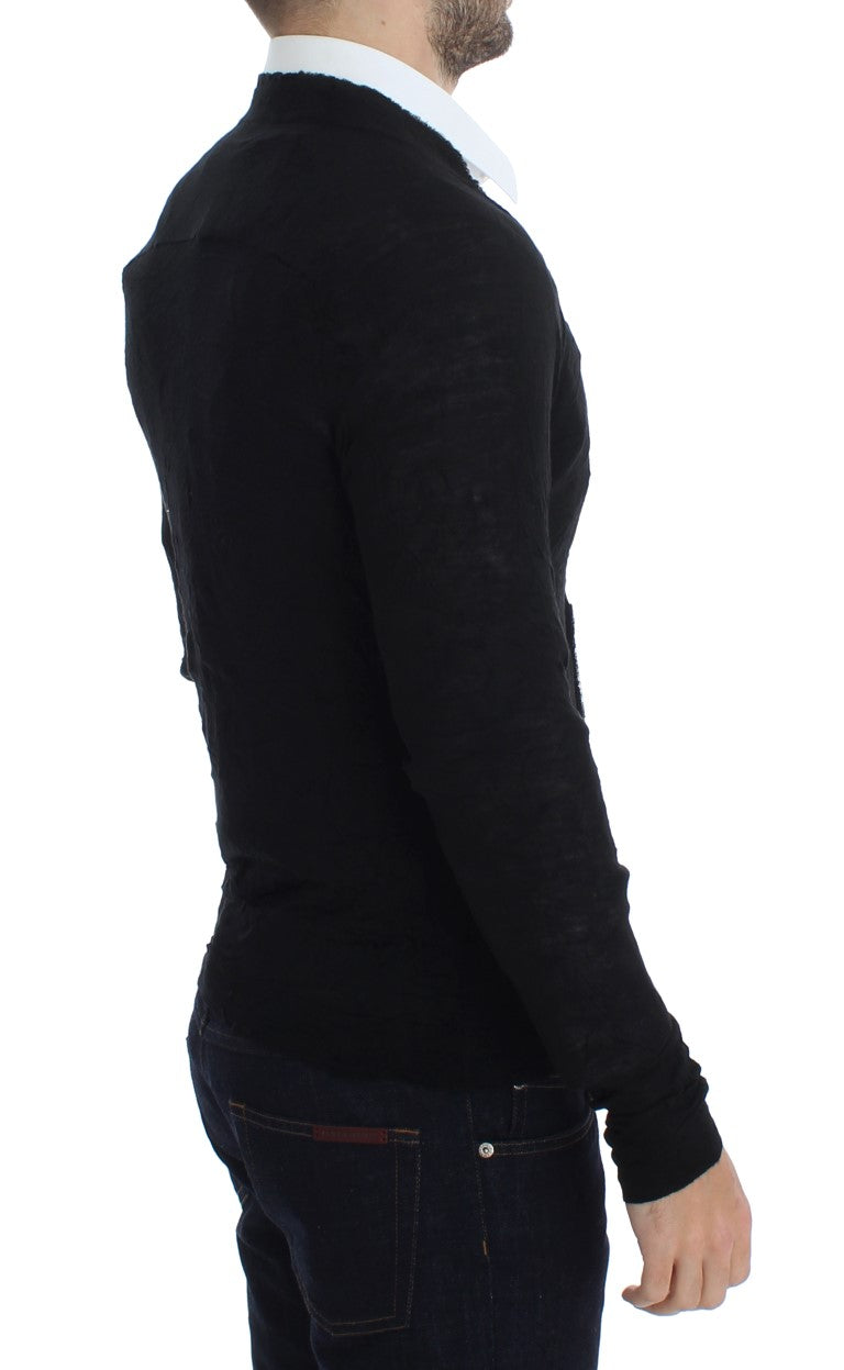 Elegant Black Merino Wool Cardigan - SEHABRANDS