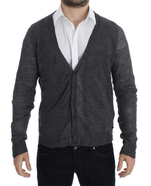 Elegant Gray Wool Blend Cardigan Sweater - SEHABRANDS