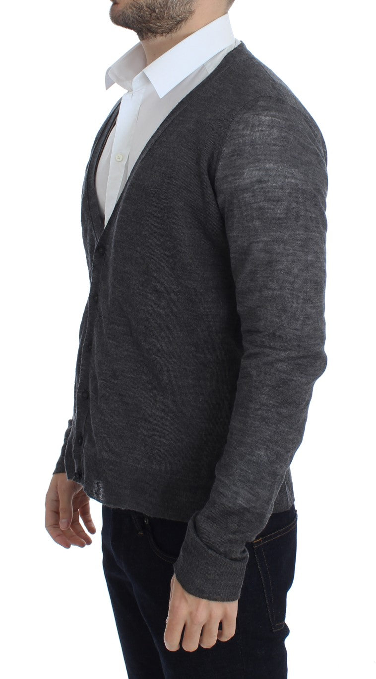 Elegant Gray Wool Blend Cardigan Sweater - SEHABRANDS