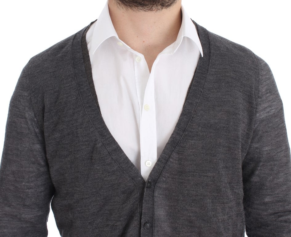 Elegant Gray Wool Blend Cardigan Sweater - SEHABRANDS