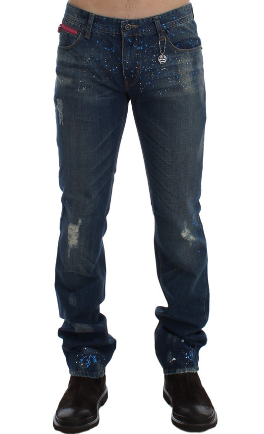 Chic Blue Wash Painted Slim Fit Jeans - SEHABRANDS