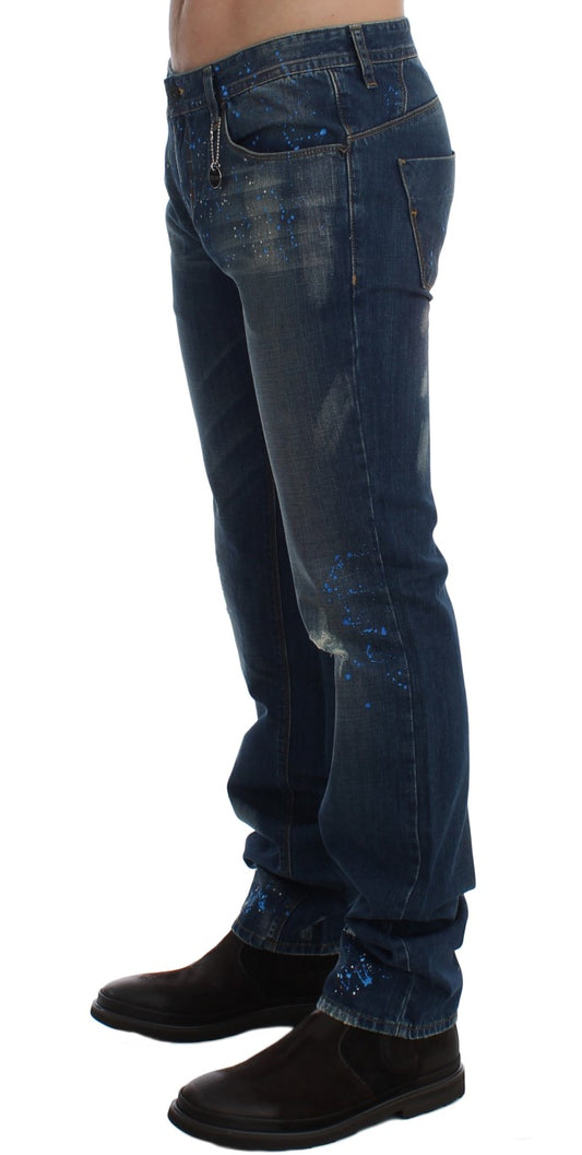 Chic Blue Wash Painted Slim Fit Jeans - SEHABRANDS