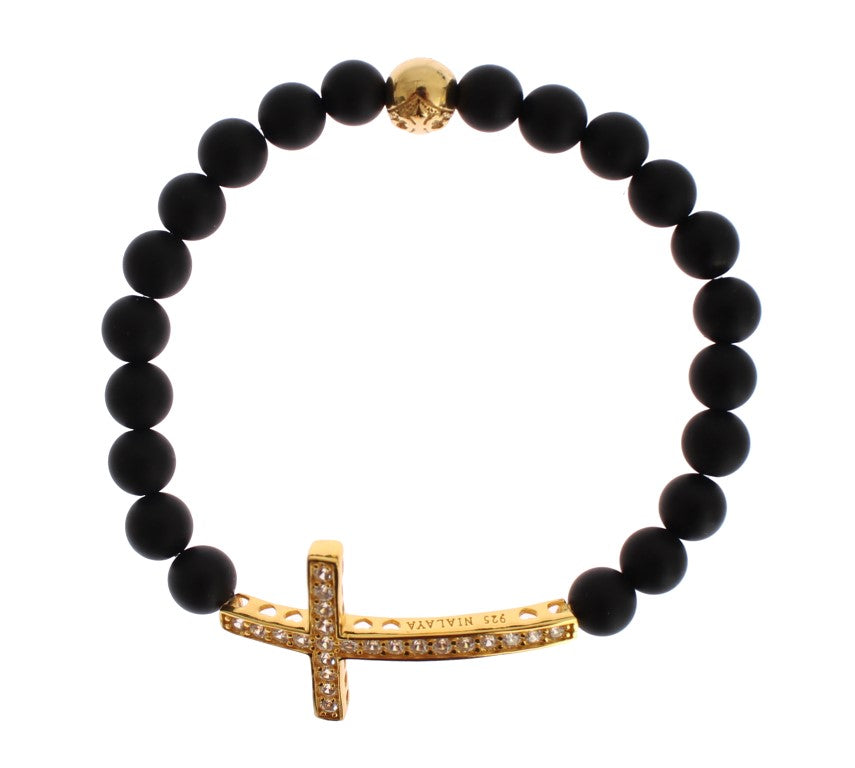 Chic Matte Onyx Bead & CZ Diamond Cross Bracelet - SEHABRANDS