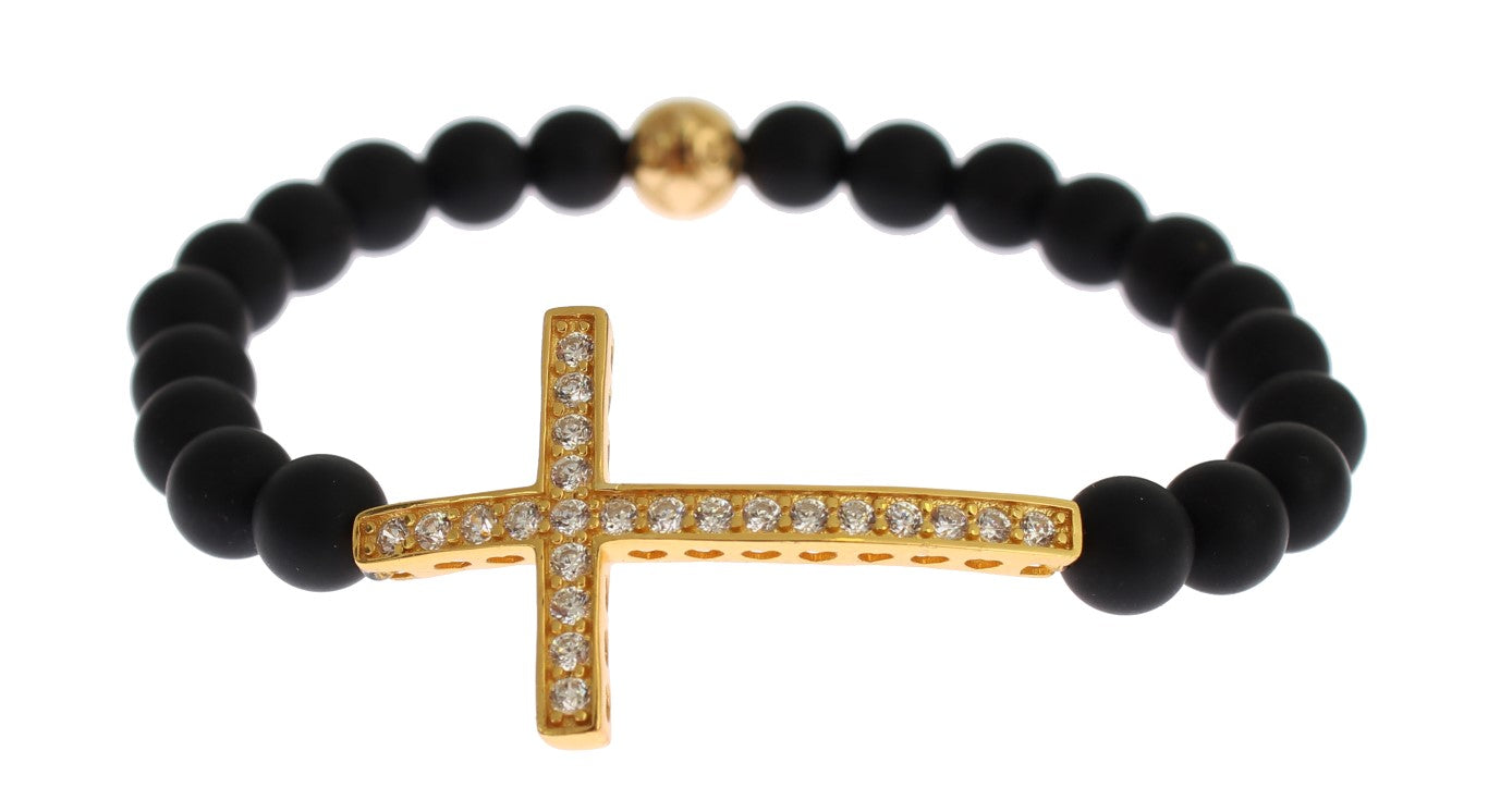 Chic Matte Onyx Bead & CZ Diamond Cross Bracelet - SEHABRANDS