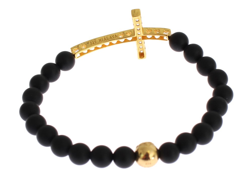 Chic Matte Onyx Bead & CZ Diamond Cross Bracelet - SEHABRANDS